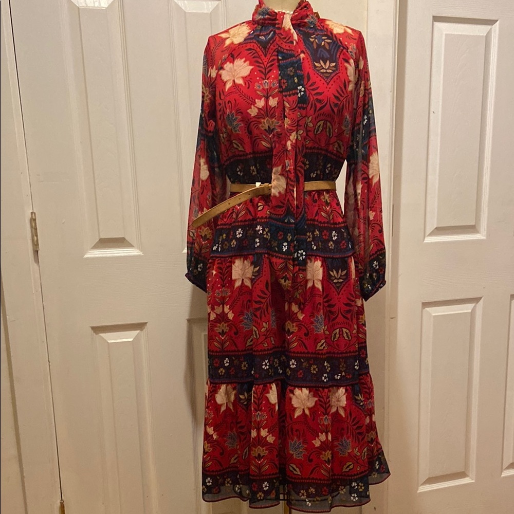 LOFT Floral Red chiffon Maxi Dress
